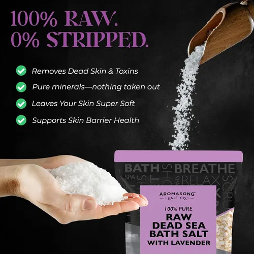 Vista 2 de Aromasong Sal pura cruda del mar muerto para remojar con lavanda 100% natural, 2.43 libras, sal de baño de spa de grano fino, exfoliante de lavado