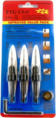 Vista 11 de FTG USA Juego de 12 brocas avellanadoras #4 (7/64") para madera con broca cónica