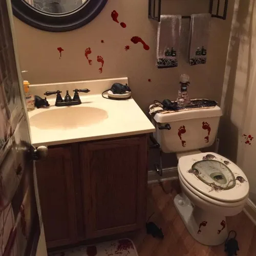 Vista 2 de Calcomanías impermeables 3D para tapa de inodoro de Halloween, calcomanías de pared horribles, póster de decoración sangrienta para fiesta temática