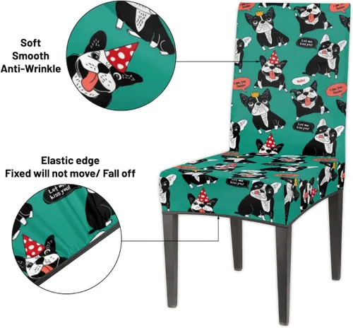 Vista 3 de Juego de 2 fundas protectoras para sillas de comedor de bulldog francés, extraíbles y lavables, fundas protectoras para sillas de comedor con diseño