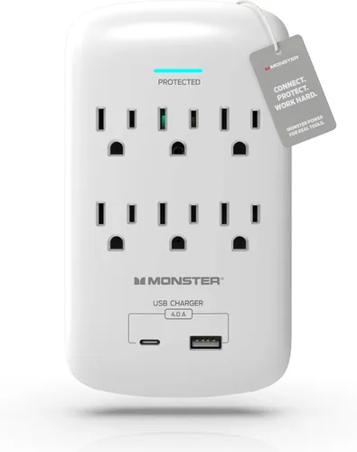 Vista 9 de Monster Protector de sobretensiones de enchufe de pared de 6 tomas, 1200 julios, extensor de toma de pared con 1 puerto de carga USB-A y 1 puerto