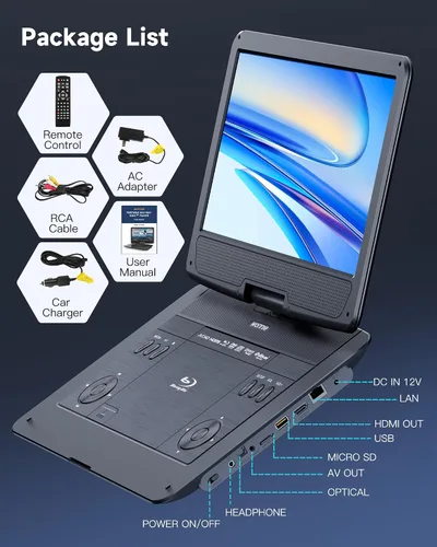 Vista 9 de WONNIE Reproductor de Blu Ray portátil de 16.9" con pantalla grande giratoria de 14.1" Full HD 1080P, reproductor de Blu-ray y DVD con salida HDMI