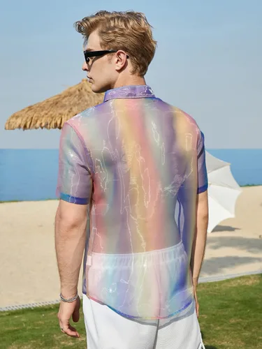 Vista 2 de WDIRARA Camisa de manga corta con botones para hombre, diseño de organza