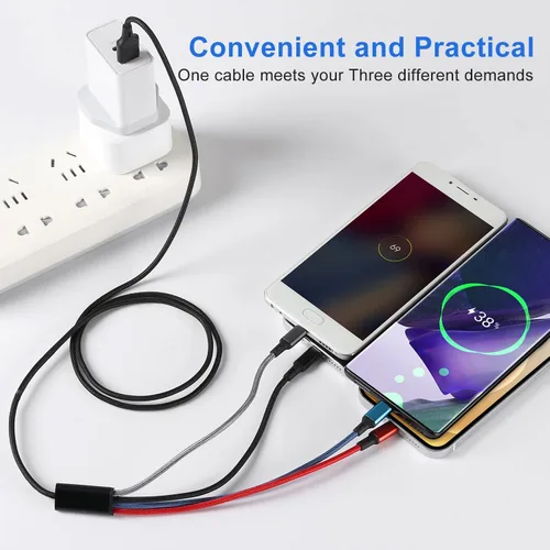 Vista 4 de Cable de carga múltiple 3A, USB A a 4 en 1 de nailon trenzado, Lightning / Dual Tipo-C/Micro Puerto Cable de carga rápida para iPhone 17, 16, 15