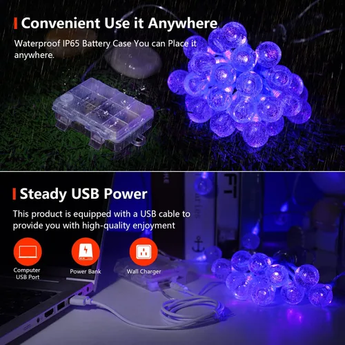 Vista 4 de OMIKA Tira de luces LED negras de 15 pies, funciona con pilas, luces de Navidad negras UV, luces de hadas parpadeantes con control remoto, luz negra