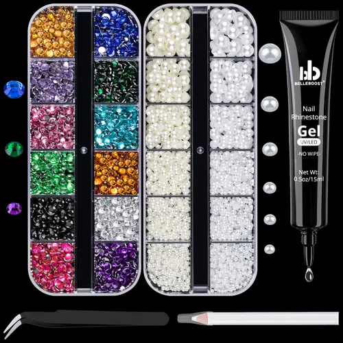 Vista 12 de Kit de pedrería para uñas BELLEBOOST, 15ml de pegamento de gel con strass + gemas coloridas + cristales de vidrio flatback AB y gemas transparentes