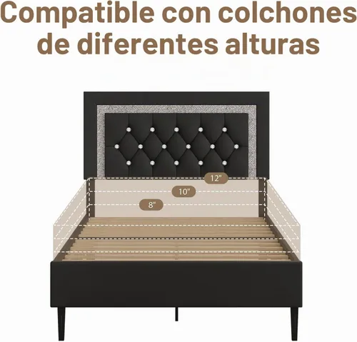 Vista 5 de BarnFurin Marco de Cama Individual con Cabecera Acolchada con Botones, Marco de Cama Plataforma Tapizada con Diseño de Diamante, Soporte de Listones