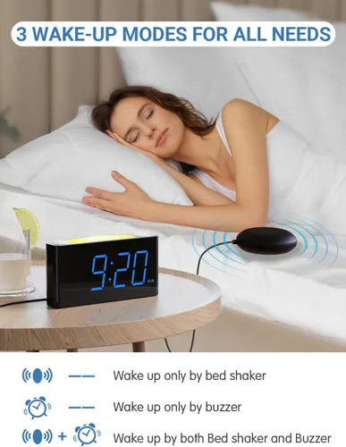 Vista 3 de PPLEE Reloj despertador súper fuerte para personas que duermen profundamente, con discapacidad auditiva o sordos, reloj despertador vibratorio