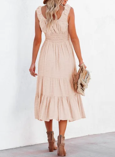 Vista 3 de AlvaQ Vestido de verano para mujer, sin mangas, fruncido, de cintura alta, casual, escalonado, acampanado, con bolsillos