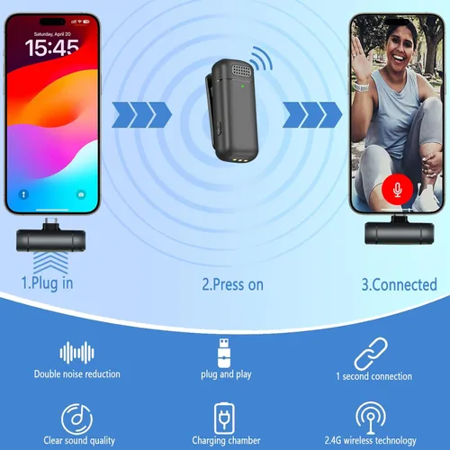 Vista 4 de 2 micrófonos de solapa inalámbricos 3 en 1 para iPhone, iPad, USB C, Android, portátil, con estuche de carga, clip en la solapa, mini micrófono