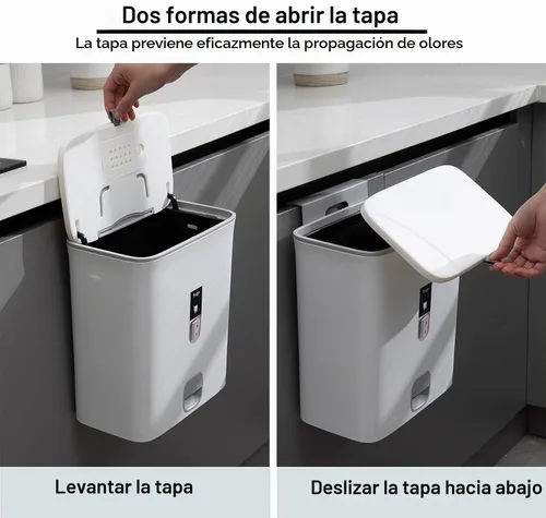 Vista 3 de Sooyee Bote de basura con tapa, cubo de basura pequeño de 2.4 galones, contenedor de plástico para abono colgante o de pie para Blanco
