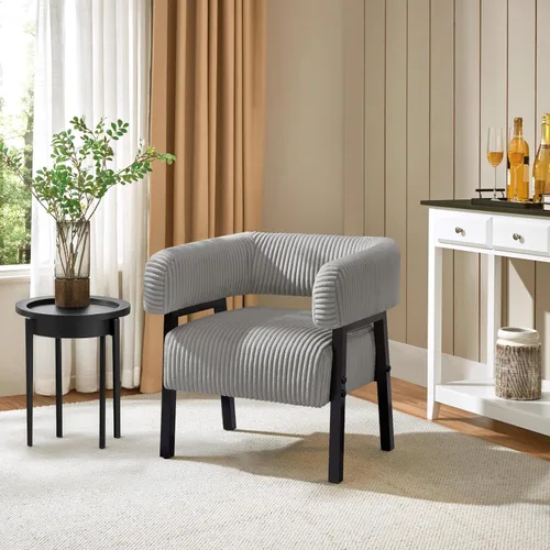 Vista 12 de Yaheetech Silla decorativa de pana con diseño de barril, moderno sillón tapizado con patas de madera maciza, acogedora silla de ocio con asiento