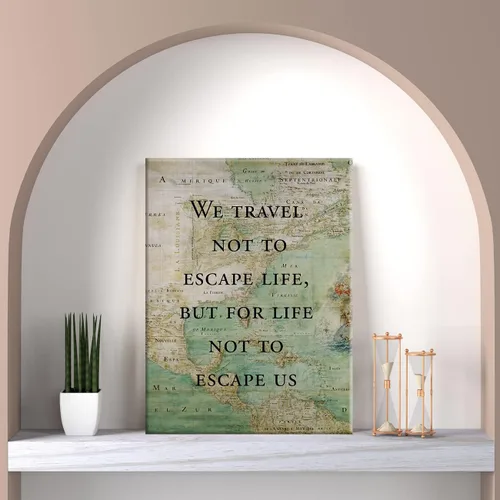 Vista 5 de LEXSIVO Lienzo impreso con cita de viaje inspiradora de estilo retro, arte de pared, decoración de oficina en el hogar, «We Travel Not to Escape