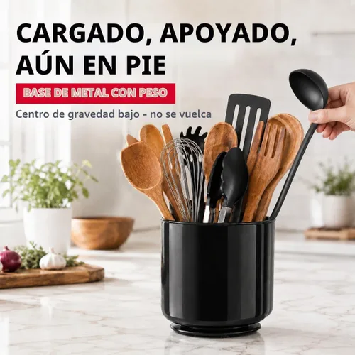 Vista 6 de Cooler Kitchen Portautensilios Jumbo Extra Grande Resistente Giratorio Negro con Base Pesada Antivuelco e Inserto con Agarre - A Prueba de Óxido