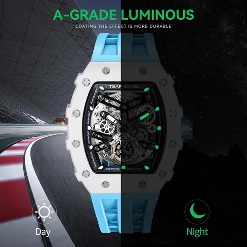 Vista 6 de Watch for Men, Automatic Skeleton Mechanical Mens Watch, 50M Waterproof Luxury Tonneau Square Big Face Dial Watch with SiliconeFluoroelastomer Watch