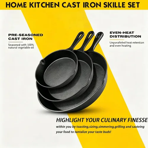 Vista 12 de Cast Iron Skillet Set 3 Piece 6 8 10 Inch Pre-Seasoned Frying Pan Sartén de hierro fundido con asas resistentes al calor para estufa, fogata