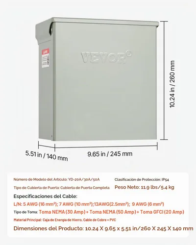 Vista 7 de VEVOR Panel de salida de energía temporal, caja de interruptor eléctrico para RV resistente a la intemperie con receptáculo de 20/30/50 amperios