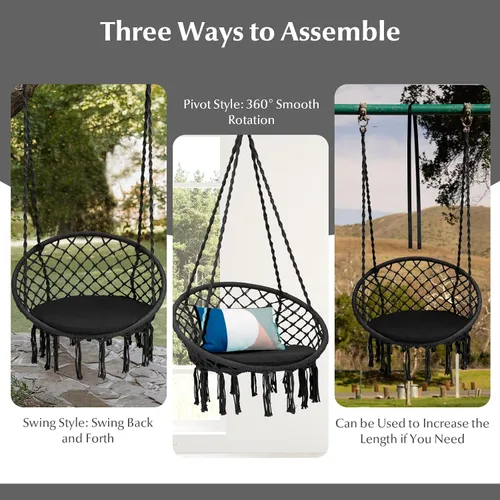 Vista 5 de Tangkula Silla hamaca con cojín, estilo bohemio de macramé con kit de accesorios para colgar y correa, columpio de cuerda colgante para interiores