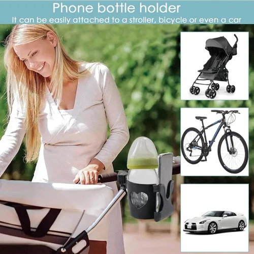 Vista 6 de Portavasos 2 en 1 para cochecito con soporte para teléfono, soporte para botella de bebida fácil de instalar, práctico soporte para teléfono