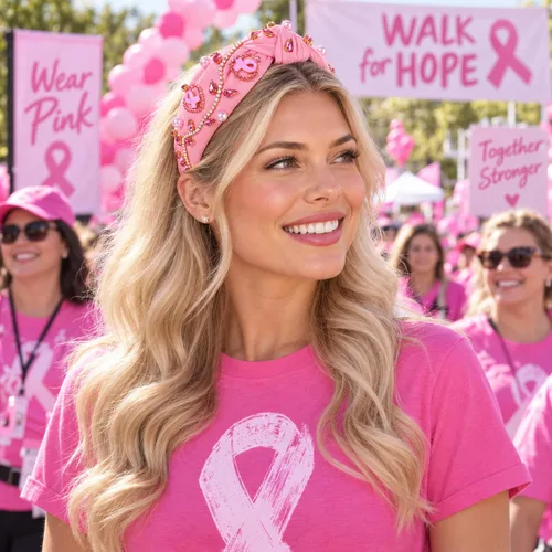 Vista 2 de boderier Diademas de concientización sobre el cáncer de mama para mujer, diadema anudada de cristal, diadema de corazón rosa con cinta de amor