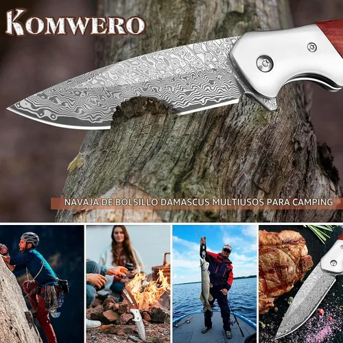 Vista 6 de KOMWERO Cuchillo de bolsillo de damasco, afilado núcleo de acero de Damasco VG10 Hoja DMJN Wood Handle, Folding Knife for Men Women, Pocket Clip