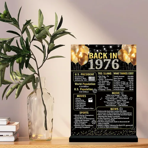 Vista 5 de Trgowaul Decoraciones de cumpleaños n.° 50 para mujeres y hombres, cartel de cumpleaños en acrílico negro y dorado de regreso en 1976 con soporte
