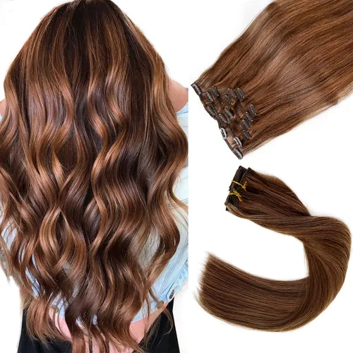 Vista 26 de Extensiones de cabello con clip Ubetta de cabello humano real, extensiones de cabello negro azabache con clip, 7 piezas, 70 g, extensiones