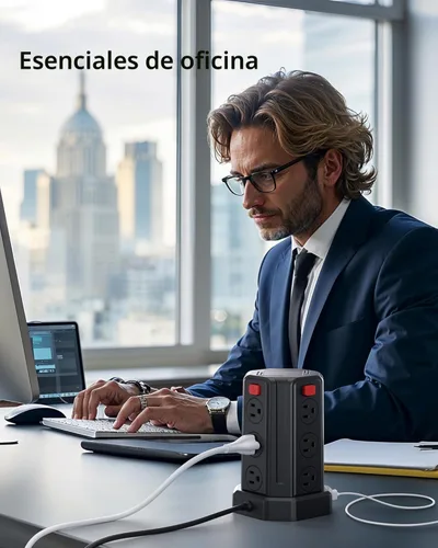 Vista 5 de Tira de alimentación con protector de sobretensiones, cable de extensión de 6.5 pies con 12 tomas múltiples de CA, 4 USB (1 USB C), estación de Negro