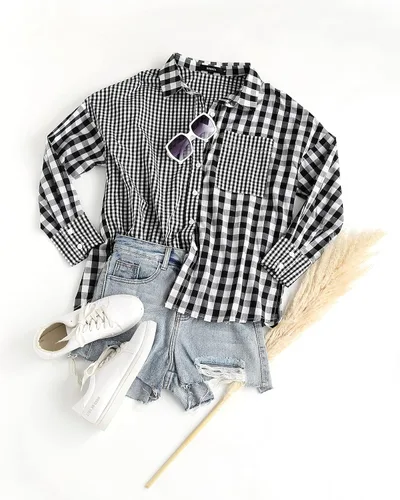 Vista 8 de ZESICA Women's Casual Plaid Patchwork Long Sleeve Button Down Oversized Shirt Blouse Top