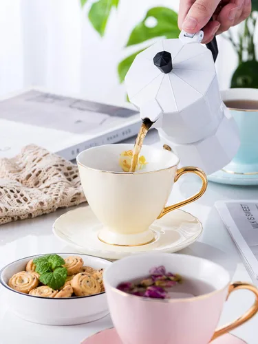 Vista 3 de Jusalpha juego de tazas y platillos de café expreso de porcelana, 2 onzas FD-TCS02-4COLOR 7 onzas, tamaño regular de taza de té, juego de taza
