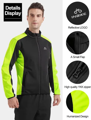 Vista 4 de INBIKE Chaqueta de ciclismo para hombre, chaqueta de ciclismo para correr, cortavientos reflectante, resistente al viento, forro polar para clima