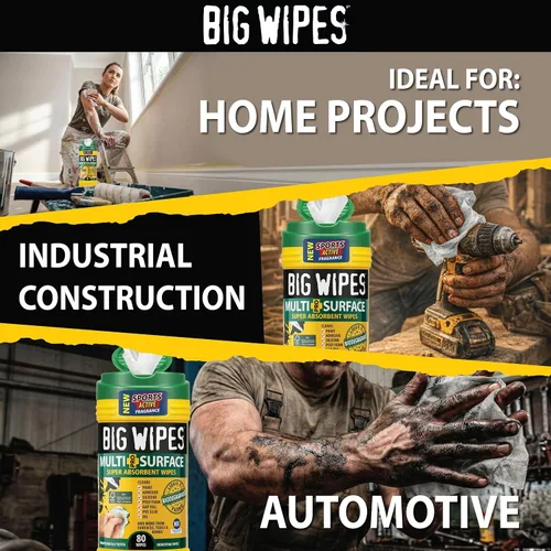 Vista 8 de BIG WIPES Recipiente multisuperficie resistente, paños de limpieza súper absorbentes para manos, superficies y herramientas, recipiente de 80