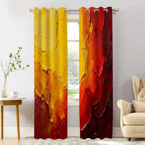 Vista 118 de Shrahala Beige and Orange Abstract Art Brushstrokes Blackout Curtain Tiers, Abstract Oil Paint Kitchen Valance Light Blocking Tier Drapes with Rod
