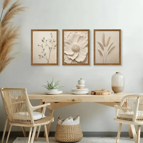 Vista 4 de JLTULT 3 piezas de arte de pared con flores en lienzo con marco, arte de pared de flores en tonos neutros y beige, arte de pared de flores