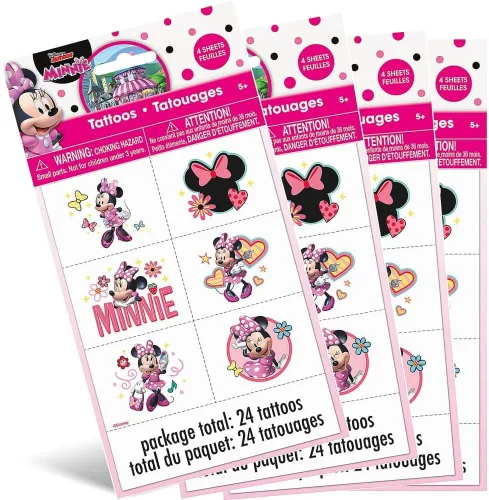 Vista 2 de Tatuajes temporales para fiesta de Minnie Mouse Diseños surtidos 24 piezas
