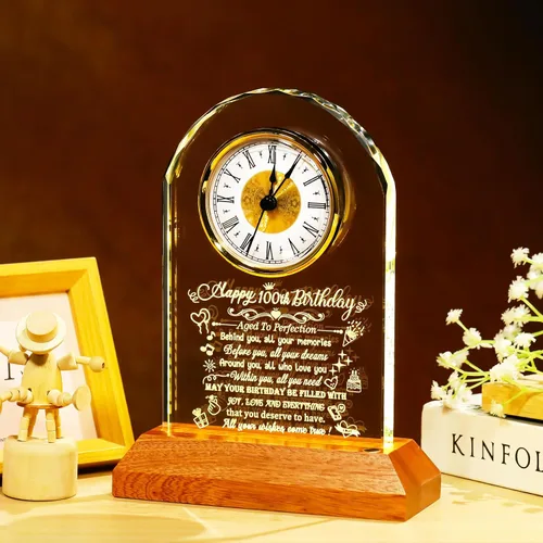Vista 2 de Arikyrist Regalos de cumpleaños número 100 para mujeres, hombres y amigos, reloj de cumpleaños de cristal con base de luz Glass 100th Birthday