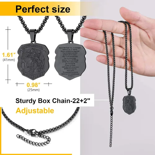 Vista 4 de ChainsPro Collar de San Miguel para hombre con oración completa, medallón de arcángel de protección, cadena de 55+2.0 in ajustable, acero inoxidable