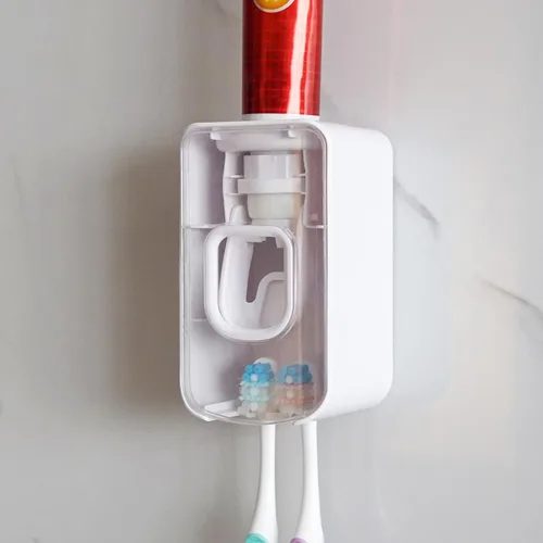 Vista 20 de Soporte de plástico para cepillos de dientes de 2 ranuras y dispensador de pasta de dientes montado en la pared, exprimidor automático de pasta