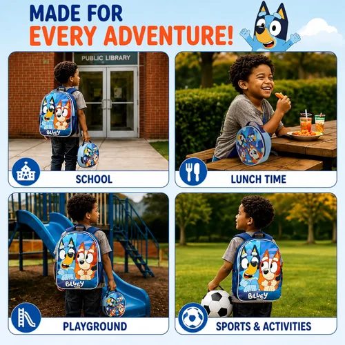 Vista 3 de Fast Forward Bluey - Mochila infantil de 15 pulgadas con juego de lonchera Almuerzo redondo Bluey Blue