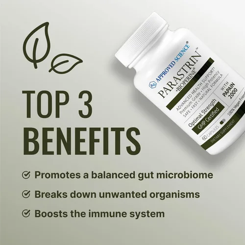 Vista 3 de Approved Science Parastrin - 60 Cápsulas - Nuez negra, bulbo de ajo, papaína 2000, BioPerine - Vegano