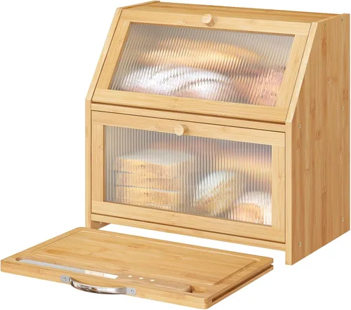 Vista 8 de Panera extragrande con tabla de cortar, panera de madera de bambú para encimera de cocina, contenedor de almacenamiento de pan de gran capacidad