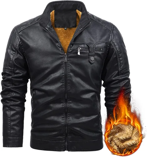 Vista 3 de Chaqueta de cuero a la moda para hombre Can-am, chaqueta de motocicleta gruesa con forro polar cálido, abrigo bombardero de invierno con bolsillos