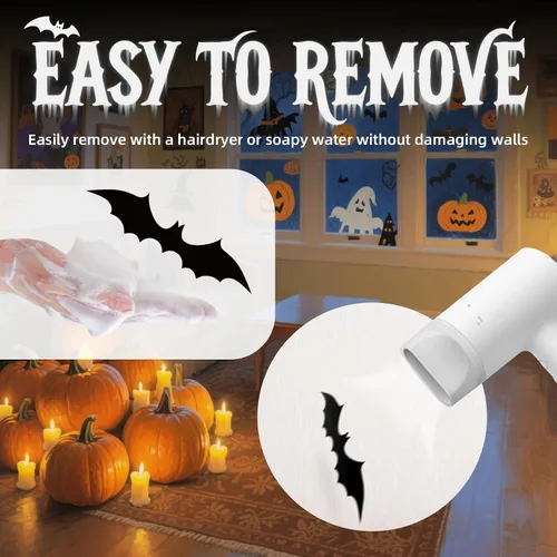 Vista 7 de CLEANGOR 140 piezas de murciélagos para decoración de Halloween, suministros de fiesta de Halloween, calcomanías de pared de murciélagos 3D, bonitas