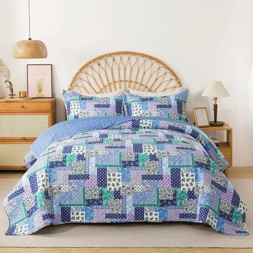 Vista 28 de Juego de cama de dos piezas, tamaño individual, de microfibra, reversible, de retazos, estilo floral, todas las estaciones, patrón de porcelana azul