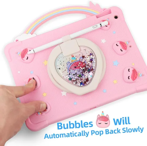 Vista 3 de [Funda de Unicornio con Mango de Arcoíris Súper Linda] Compatible con iPad 7 2019 Funda Protectora para Niños Niñas con Correa de Mano y Soporte