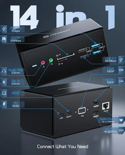 Vista 5 de UtechSmart DisplayLink - Estación de acoplamiento USB C 14 en 1 para laptop con monitores triples, universal para MacBook y Windows, base USB C
