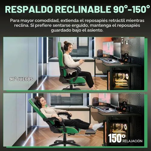 Vista 8 de Dowinx - Silla de juegos grande y alta, 350 libras con reposapiés lumbar de masaje Verde