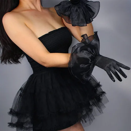 Vista 4 de DooWay Guantes sexis de seda satinada para mujer con pantalla táctil para muñeca pantalones cortos elásticos de tul de organza con volantes manga