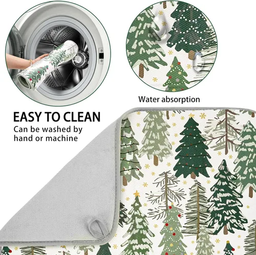Vista 4 de AnyDesign Tapete para secar platos de Navidad. Árbol de Navidad absorbente. Protector de escurridor de platos. Tapete seco de bosque forestal.