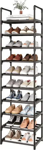 Vista 7 de Organizador de zapatos pequeño apilable de metal, estantes estrechos para armarios de entrada, zapatero con asa (3 niveles negro)
